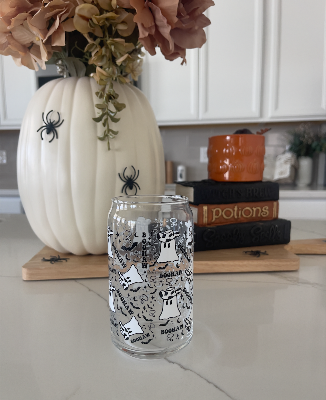 Boo-Haw Cowboy Retro Ghost Beer Can Glass, Fall Coffee Cup, Halloween glass, spooky, cute fall cup, ghost retro, trendy cup, coffee