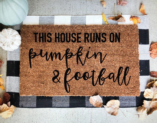 This House Runs on Pumpkin and Football Doormat | Fall Front Porch Decor | Football Season Welcome Mat | Fall Housewarming Gift