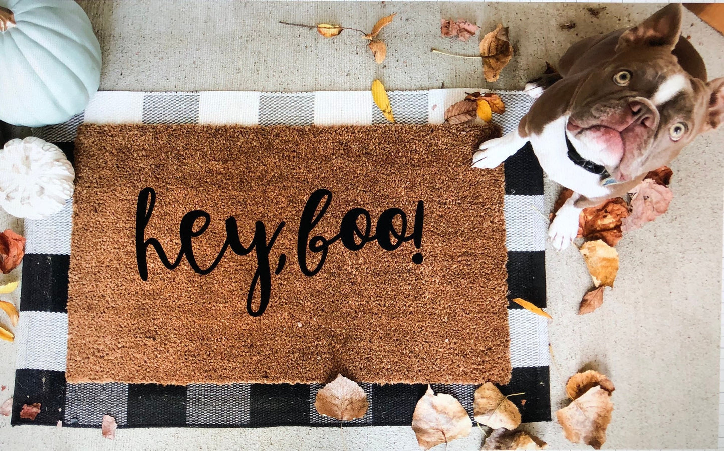 Hey Boo Halloween Doormat | Cute Spooky Welcome Mat | Fall Front Porch Decor | Trick or Treat Doormat | Outdoor Halloween Entry Rug