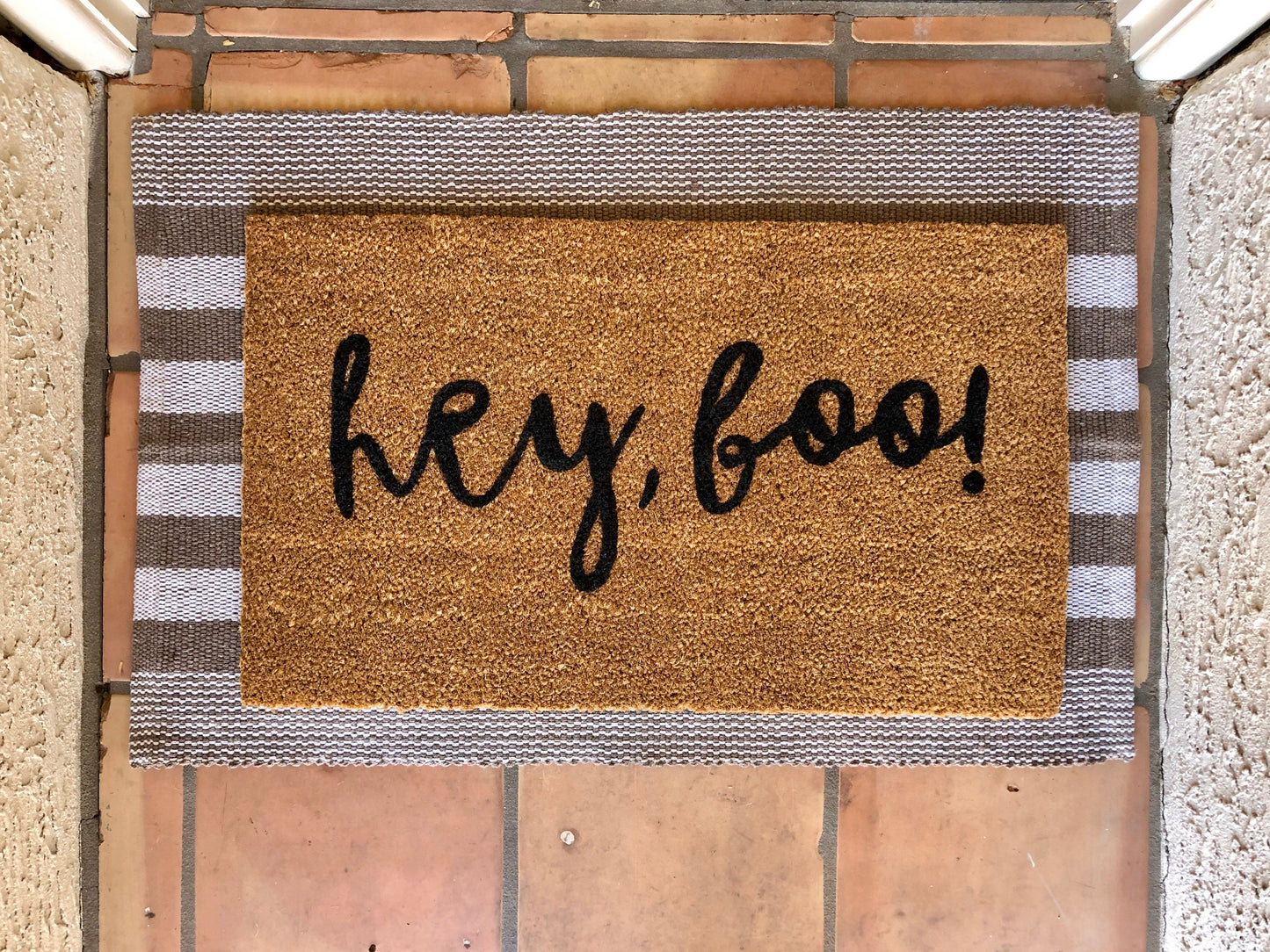 Hey Boo Halloween Doormat | Cute Spooky Welcome Mat | Fall Front Porch Decor | Trick or Treat Doormat | Outdoor Halloween Entry Rug