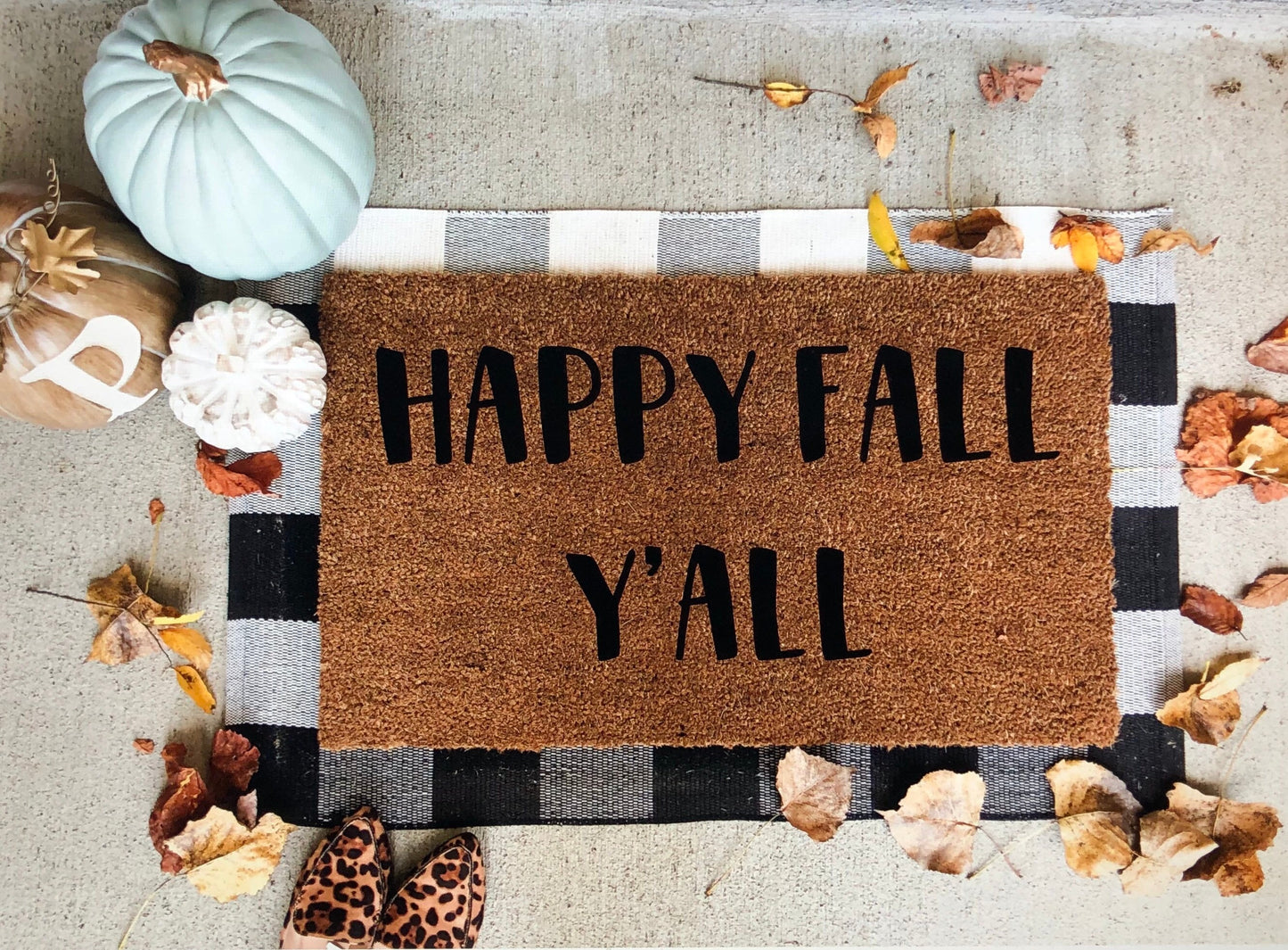 Happy fall yall Doormat | Autumn Welcome Mat | Pumpkin Porch Decor | Front Door Mat for Fall | Rustic Outdoor mat | Cozy Fall Porch Decor