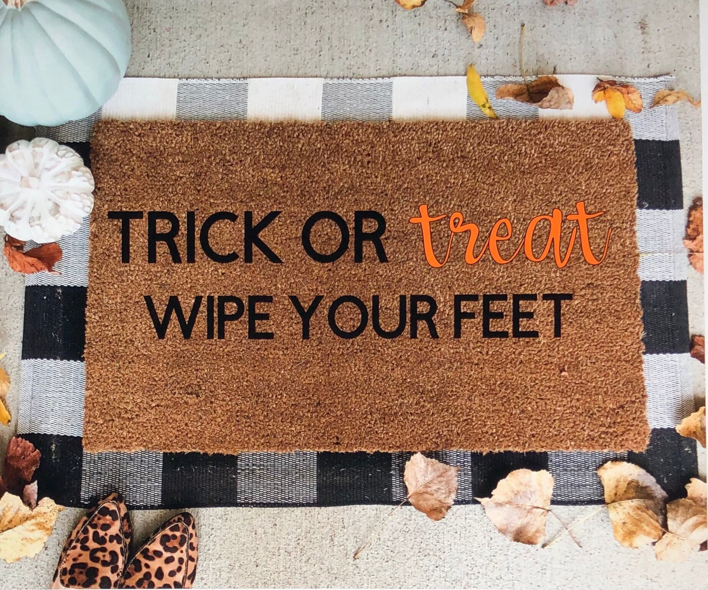 Trick or treat doormat, fall doormat, funny doormat, Halloween doormat, cute doormat