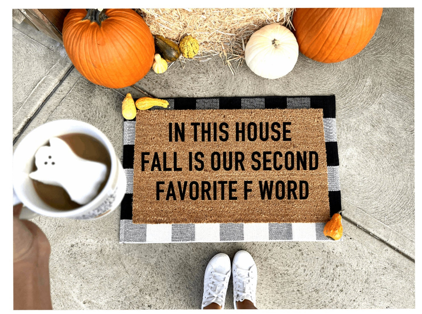 In this house fall is my favorite f word doormat, funny doormat, fall doormat, Halloween doormat, boos and dog treats, cute doormat