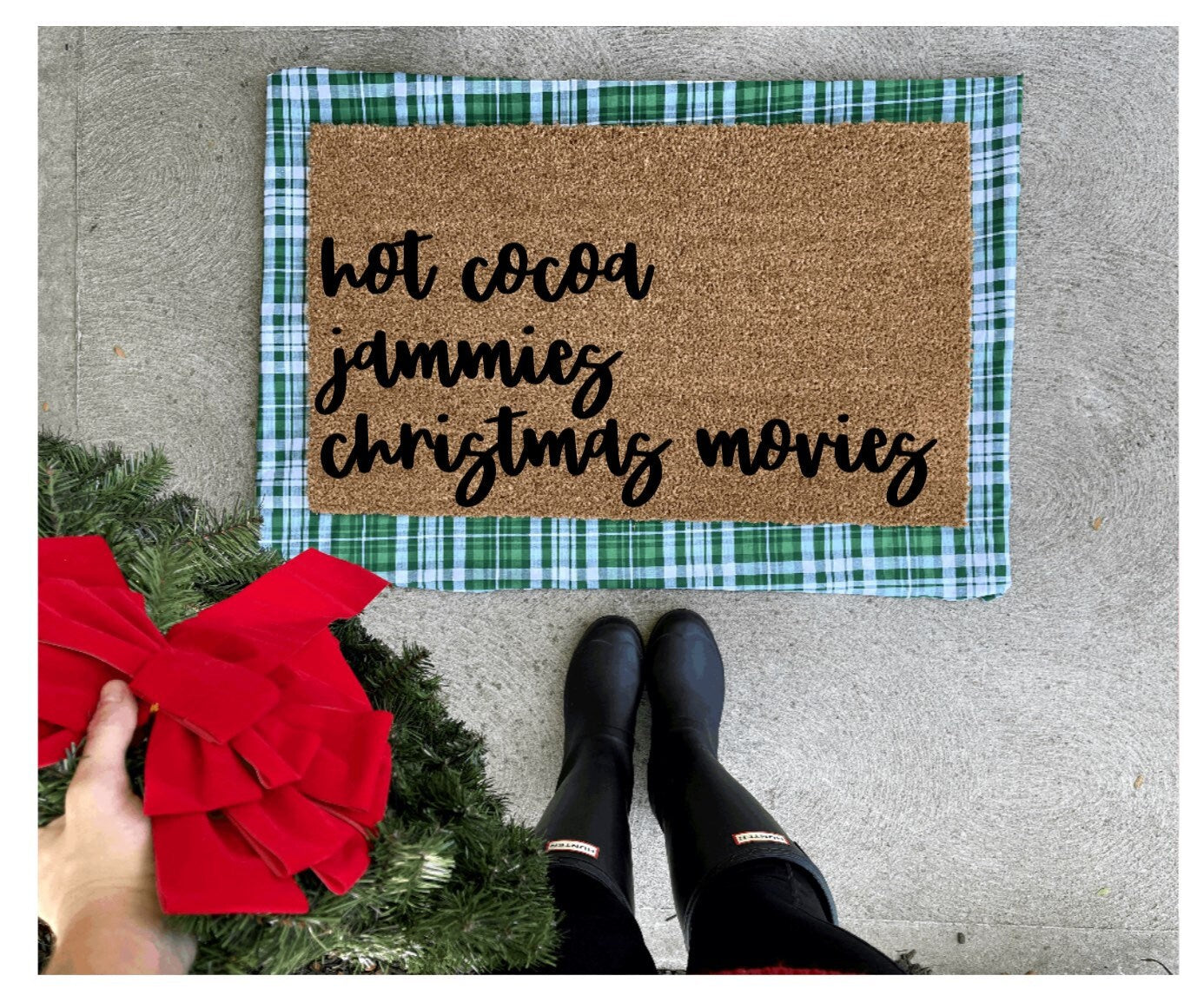 Christmas favorites hot cocoa, jammies, Christmas movies doormat, Christmas doormat, cute doormat