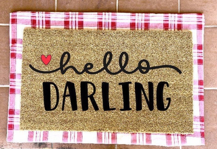 hello darling doormat with hearts, valentines day, cute doormat, valentines day mat, valentine, heart doormat, love doormat