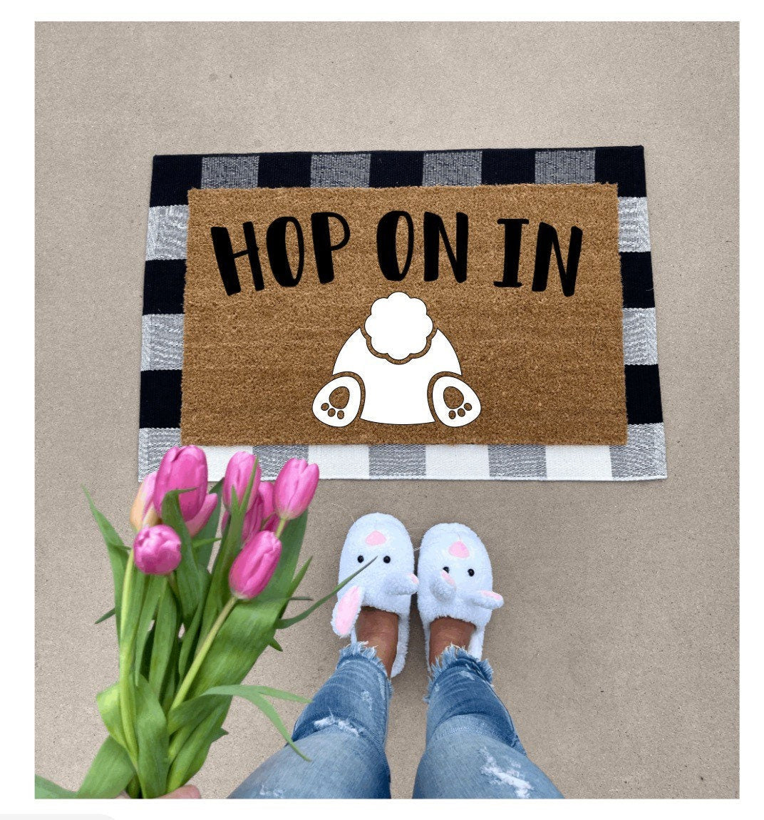 Hop on in doormat, cute doormat, easter doormat, spring doormat, bunny doormat