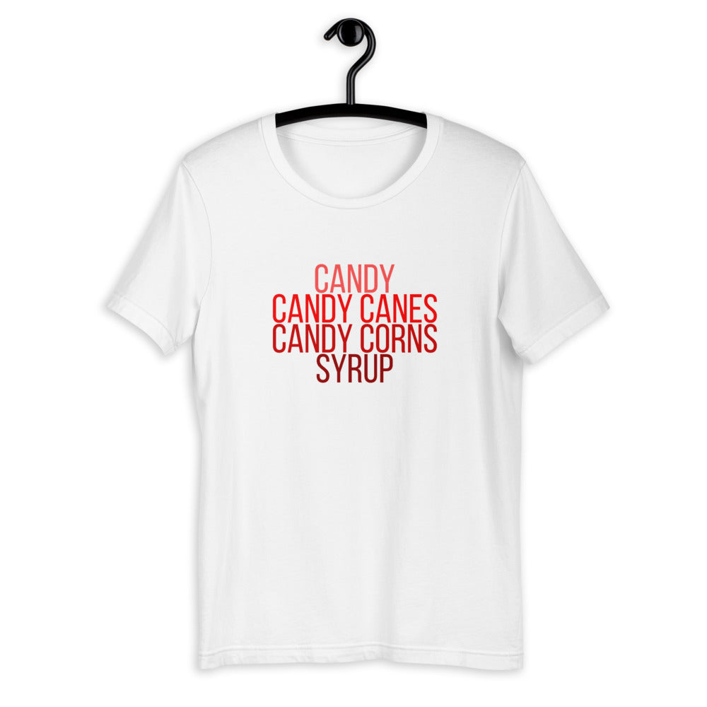 Candy, candy canes, candy corns, syrup Short-Sleeve Unisex T-Shirt, christmas shirt, buddy the elf shirt, punny shirt, holiday shirt