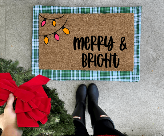 merry and bright doormat with pink and orange lights, holiday doormat, christmas