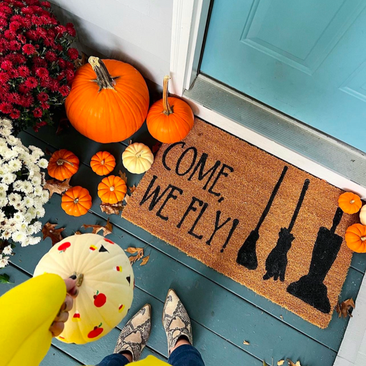 Come we fly doormat, funny doormat, witch doormat, Halloween doormat, fall doormat