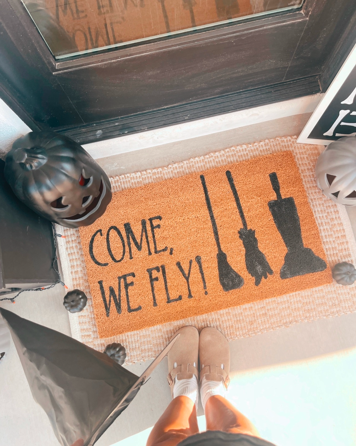 Come we fly doormat, funny doormat, witch doormat, Halloween doormat, fall doormat