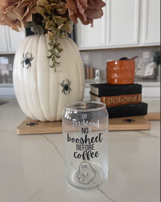 No Boo-sheet Before Coffee Beer Can Glass, Fall Coffee Cup, Halloween glass, spooky, cute fall cup, ghost retro, trendy cup, coffee