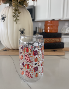 Retro Halloween Beer Can Glass, Fall Coffee Cup, Halloween glass, spooky, cute fall cup, ghost retro, trendy cup, coffee, cute ghost