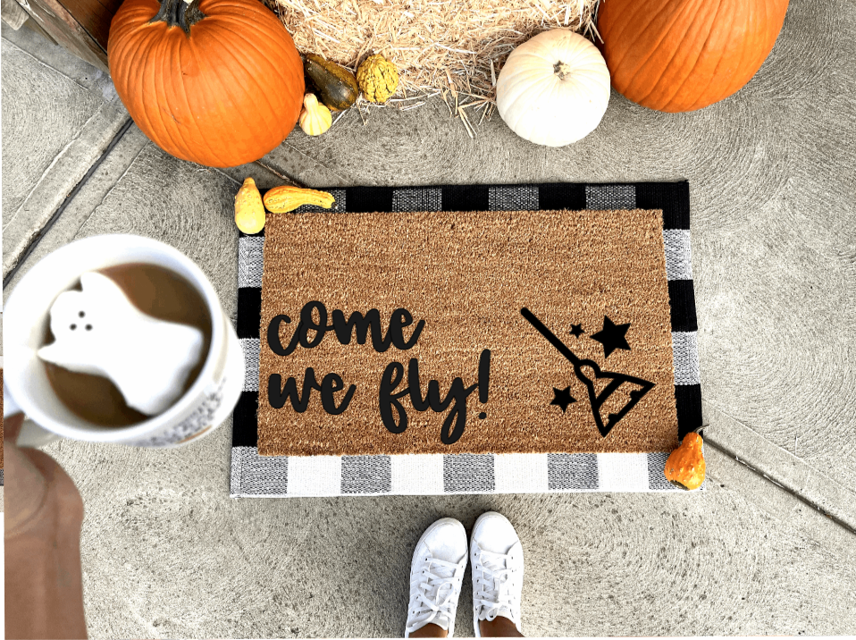 Come we fly doormat, funny doormat, witch doormat, Halloween doormat, fall doormat