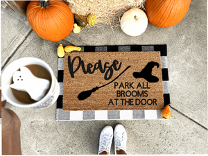 Please Park All Brooms At The Door Doormat, funny doormat, witch doormat, Halloween doormat, fall doormat