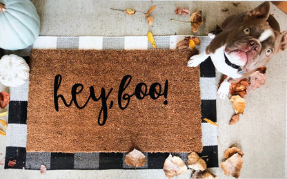 Hey Boo Halloween Doormat | Cute Spooky Welcome Mat | Fall Front Porch Decor | Trick or Treat Doormat | Outdoor Halloween Entry Rug