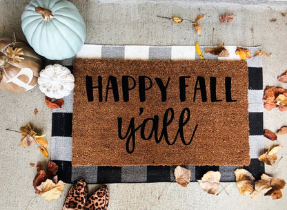 Happy fall yall Doormat | Autumn Welcome Mat | Pumpkin Porch Decor | Front Door Mat for Fall | Rustic Outdoor mat | Cozy Fall Porch Decor