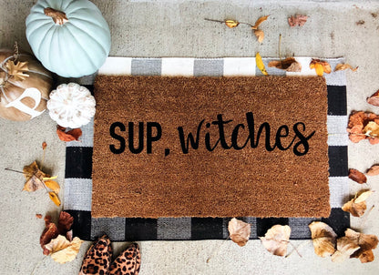 Sup Witches Funny Halloween Welcome Mat | Spooky Porch Decor | Witchy Front Door Mat | Outdoor Halloween Entry Rug | Fall Housewarming Gift