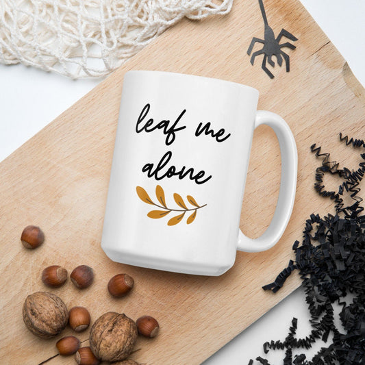 Leaf me alone mug, halloween mug, fall mug, leaves mug, funny mug, fall pun mug, fall humor