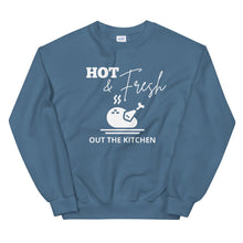 Load image into Gallery viewer, Hot &amp; fresh out the kitchen Unisex Sweatshirt, Friendsgiving shirt, thanksgiving shirt, punny shirt
