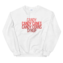 Load image into Gallery viewer, Candy candy canes, candy corns, syrup Unisex Sweatshirt, christmas shirt, buddy the elf shirt, punny shirt, holiday shirt
