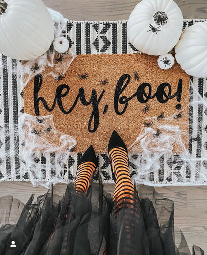 Hey Boo Halloween Doormat | Cute Spooky Welcome Mat | Fall Front Porch Decor | Trick or Treat Doormat | Outdoor Halloween Entry Rug