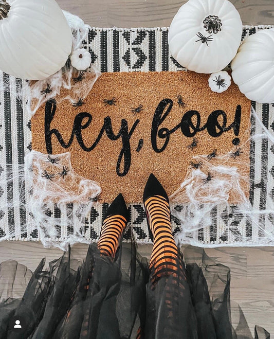 Hey Boo Halloween Doormat | Cute Spooky Welcome Mat | Fall Front Porch Decor | Trick or Treat Doormat | Outdoor Halloween Entry Rug