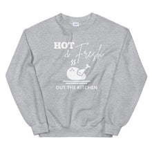 Load image into Gallery viewer, Hot &amp; fresh out the kitchen Unisex Sweatshirt, Friendsgiving shirt, thanksgiving shirt, punny shirt
