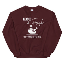 Load image into Gallery viewer, Hot &amp; fresh out the kitchen Unisex Sweatshirt, Friendsgiving shirt, thanksgiving shirt, punny shirt
