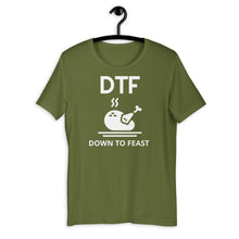 Load image into Gallery viewer, DTF down to feast Short-Sleeve Unisex T-Shirt, Friendsgiving shirt, thanksgiving shirt, punny shirt
