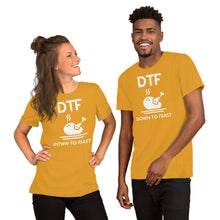 Load image into Gallery viewer, DTF down to feast Short-Sleeve Unisex T-Shirt, Friendsgiving shirt, thanksgiving shirt, punny shirt
