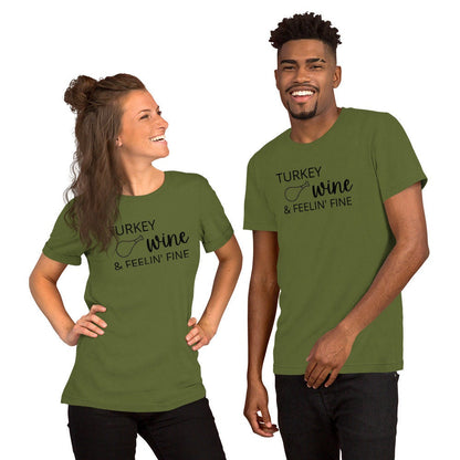 Turkey, wine & feeling fine Short-Sleeve Unisex T-Shirt, Friendsgiving shirt, thanksgiving shirt, punny shirt