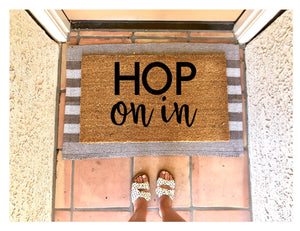 Hop on in doormat, cute doormat, easter doormat, spring doormat, bunny doormat