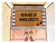 Load image into Gallery viewer, Beware of wigglebutts doormat, dog doormat, pet doormat, cute doormat, dog mom
