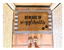 Load image into Gallery viewer, Beware of wigglebutts doormat, dog doormat, pet doormat, cute doormat, dog mom
