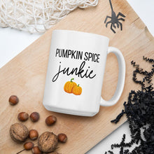 Load image into Gallery viewer, Pumpkin spice junkie mug, fall coffee mug, pumpkin mug, psl, autumn mug, cute mug, funny mug, punny mug, fall decor, pumpkin decor
