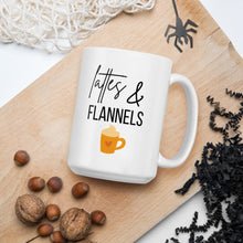 Load image into Gallery viewer, Lattes &amp; flannels mug, fall coffee mug, pumpkin mug, psl, autumn mug, cute mug, funny mug, flannels mug, fall decor, pumpkin decor
