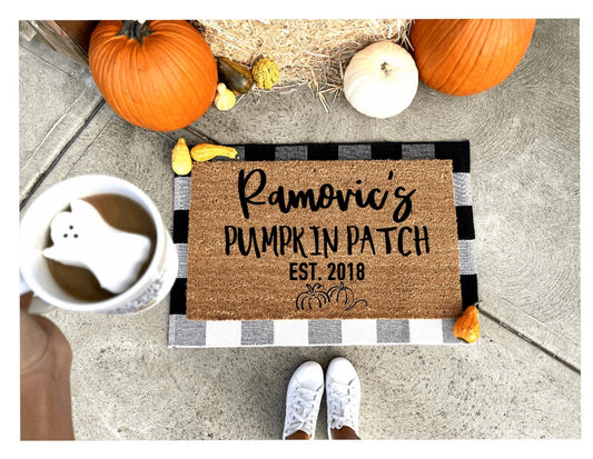 Custom last name pumpkin patch doormat, fall doormat
