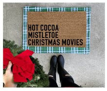 Load image into Gallery viewer, Christmas favorites hot cocoa, mistletoe, Christmas movies doormat, Christmas doormat, cute doormat
