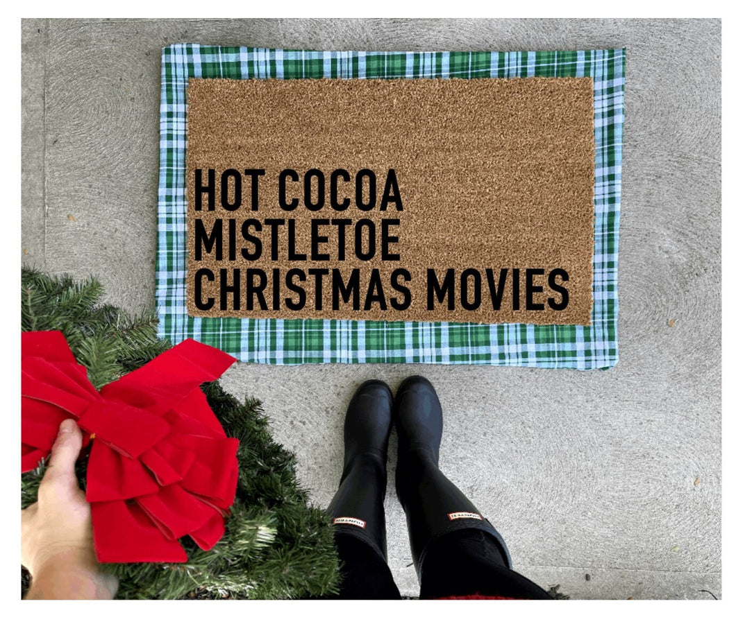 Christmas favorites hot cocoa, mistletoe, Christmas movies doormat, Christmas doormat, cute doormat