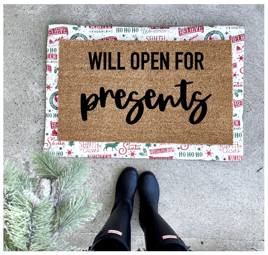 Will open for presents doormat, Christmas doormat