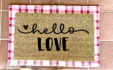 Load image into Gallery viewer, hello love doormat with hearts, valentines day, cute doormat, valentines day mat, valentine, heart doormat, love doormat
