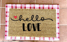 Load image into Gallery viewer, hello love doormat with hearts, valentines day, cute doormat, valentines day mat, valentine, heart doormat, love doormat
