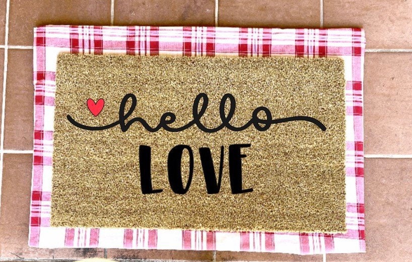 hello love doormat with hearts, valentines day, cute doormat, valentines day mat, valentine, heart doormat, love doormat