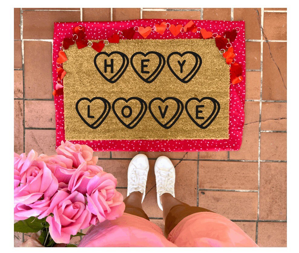 Hey love doormat with conversation hearts, valentines day, cute doormat, valentines day mat, valentine, heart doormat, love doormat