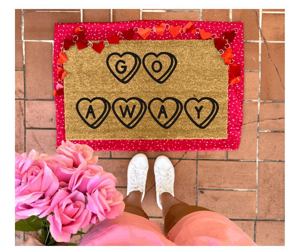 Go away doormat with conversation hearts, valentines day, cute doormat, valentines day mat, valentine, heart doormat, love doormat