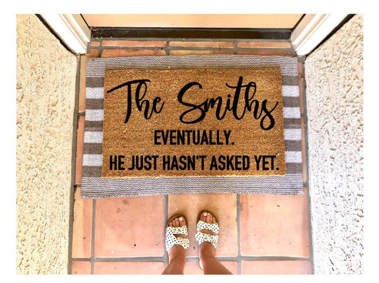 Almost engaged doormat, Last name doormat, personalized doormat, custom doormat, housewarming gift, funny doormat, fiance doormat