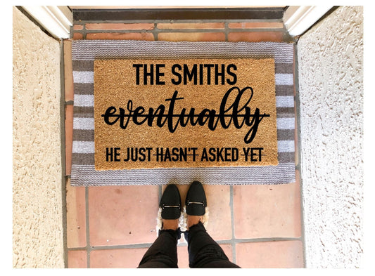 Finally engaged doormat, Last name doormat, personalized doormat, custom doormat, housewarming gift, funny doormat, fiance doormat
