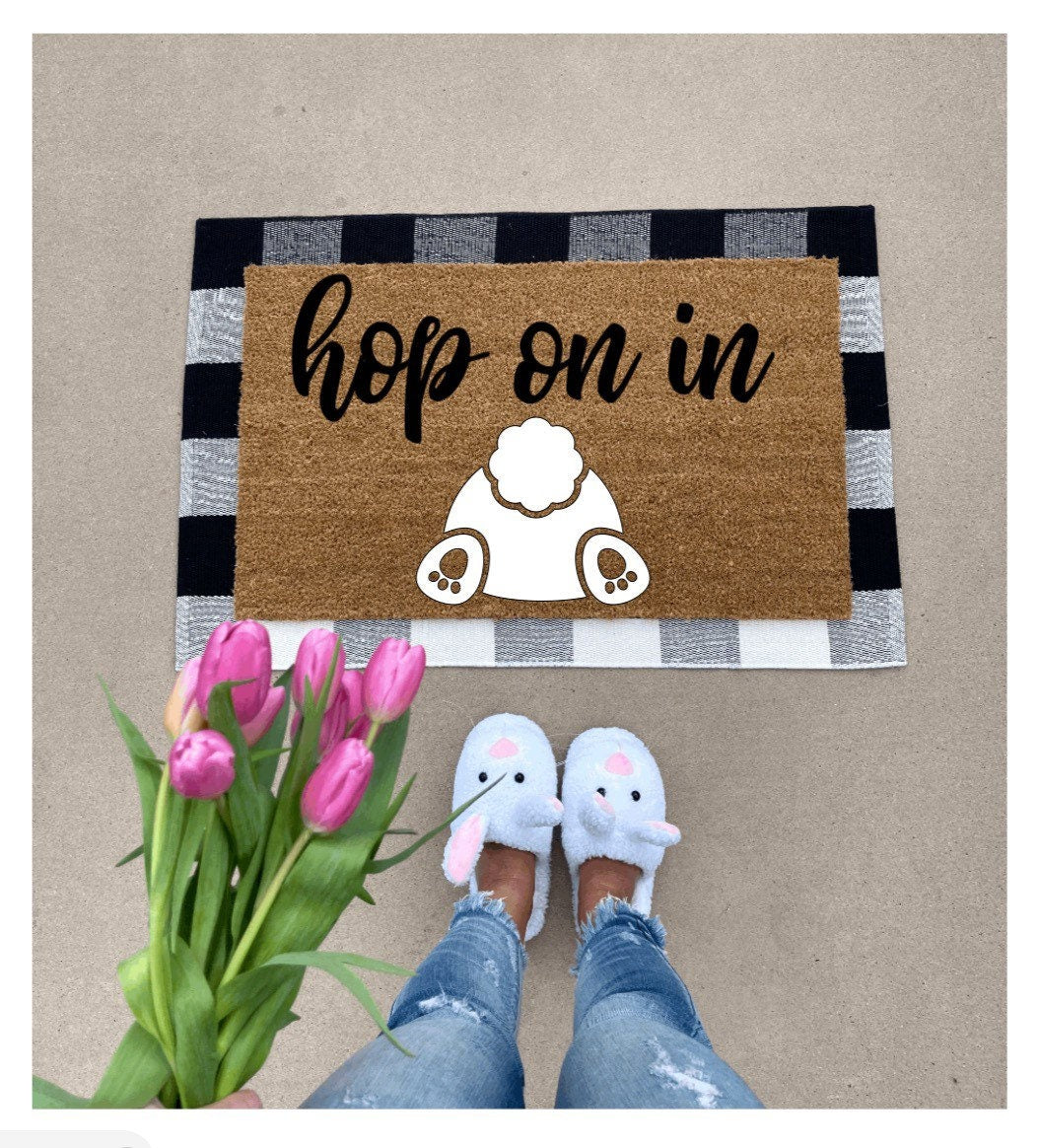 Hop on in doormat, cute doormat, easter doormat, spring doormat, bunny doormat