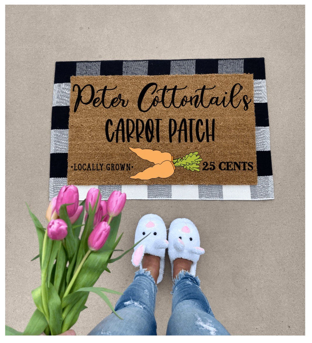 Peter Cottontails carrot patch doormat, Hello spring doormat, cute doormat, funny doormat, spring doormat
