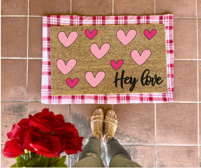 Hey Love Doormat, valentines day, cute doormat, valentines day mat, valentine, heart doormat, love doormat